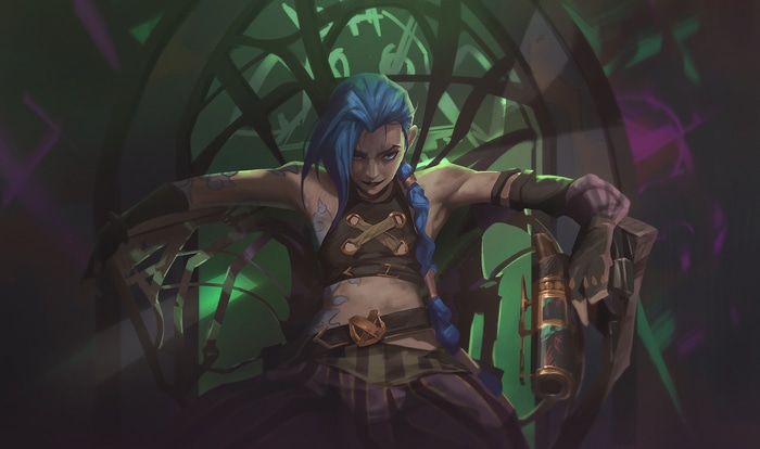 Jinx from Arcane sitting on a throne with a gun