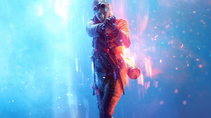 Battlefield V soldier holding a gun with blue and red lights