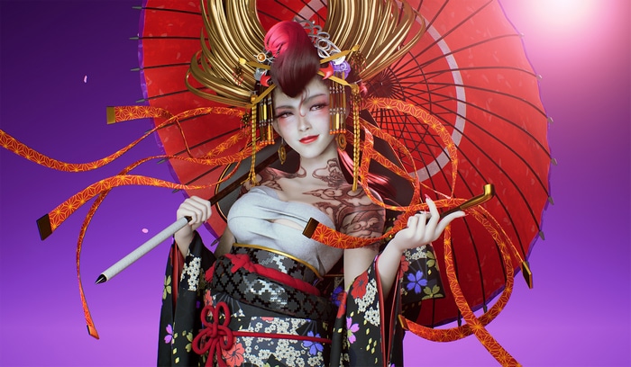 Woman in Japanese clothes holding a red umbrella