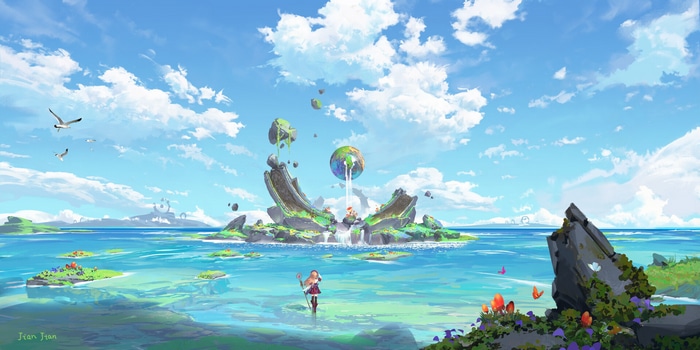 Fantasy art of a surreal island with a waterfall