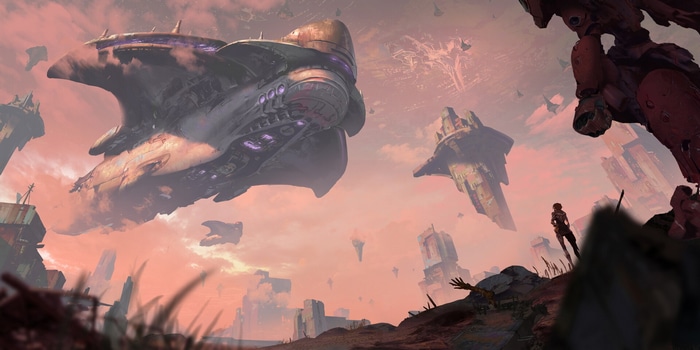 Alien landscape with massive spaceship and floating islands