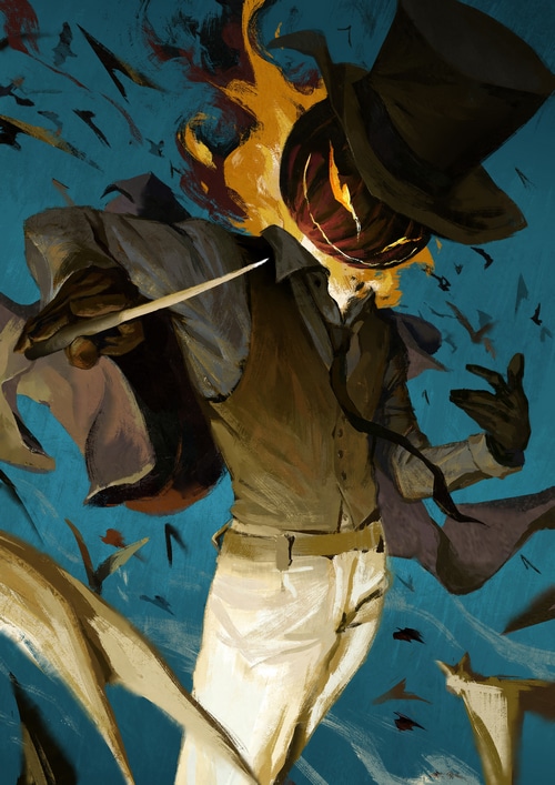 Billy Christian's Halloween artwork with a flaming pumpkin head