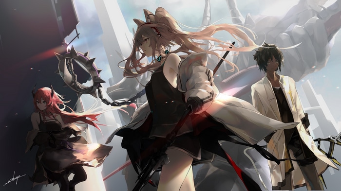 Arknights characters Surtr, Thorns, and Angelina