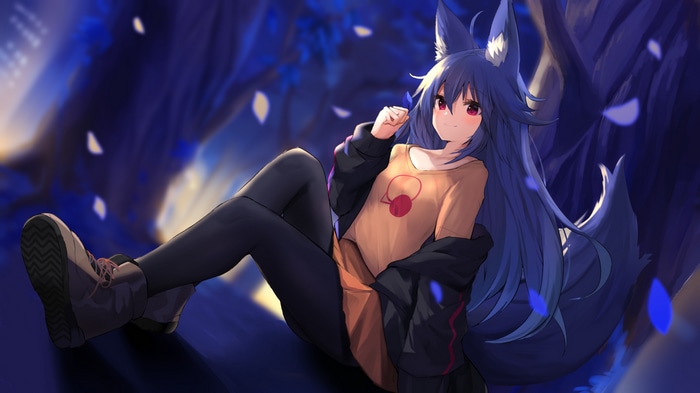 Anime fox girl with blue hair and red eyes