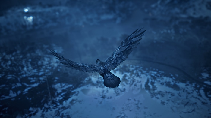 Assassin's Creed Valhalla: Raven flying over snowy landscape