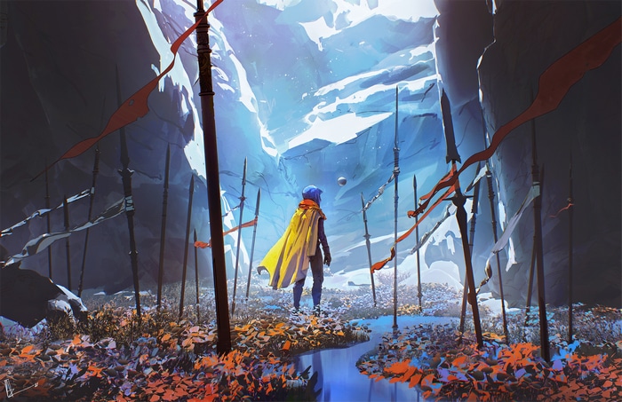 Amir Zand's artwork of a figure with a yellow cape and spears