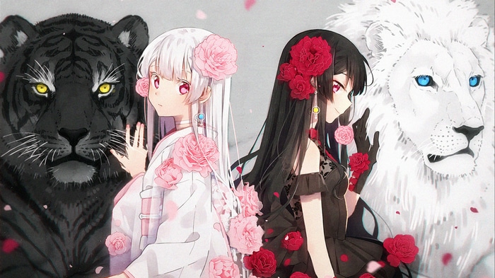 Anime girls with tiger and lion