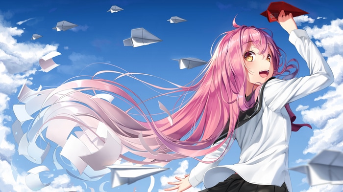 4K anime girl with pink hair throwing paper airplanes