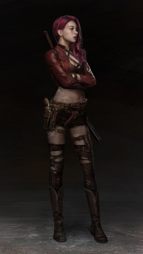 Artwork of a woman with pink hair and a sword