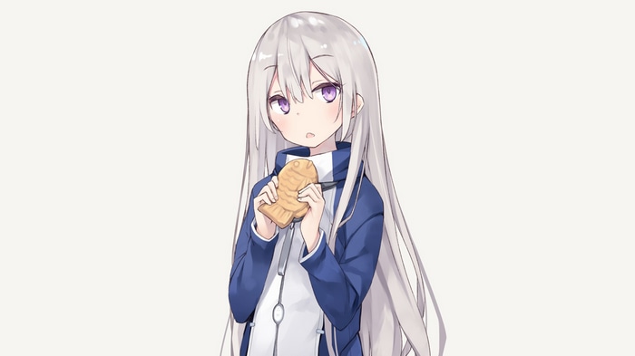 Poco with silver hair and purple eyes eating taiyaki