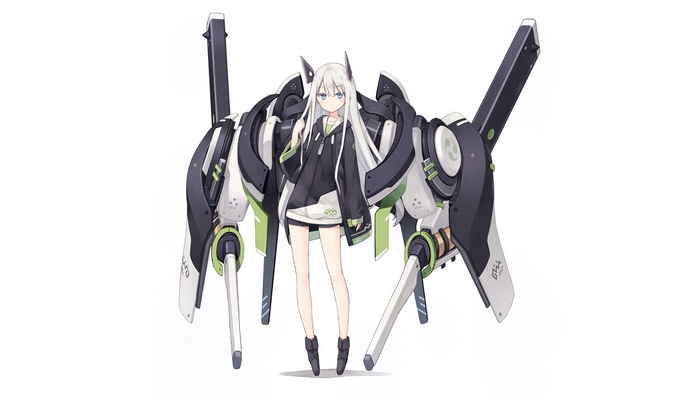 Anime girl with silver hair and a mecha suit
