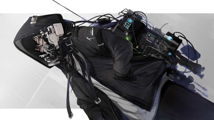 Artwork of a character with a gas mask and hood