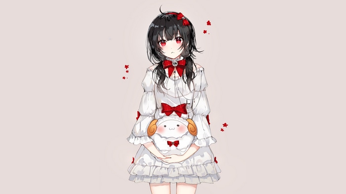 Anime girl with red eyes holding a sheep plushie