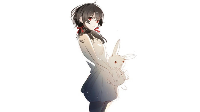 Girl with red eyes and dark hair holding a stuffed rabbit