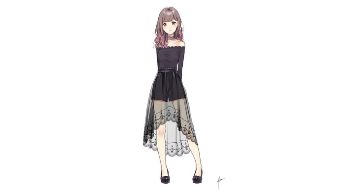 Aiko in a black off-the-shoulder dress