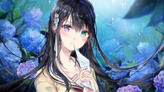 Anime girl with dark hair and heterochromia in a school uniform