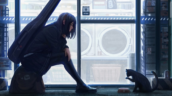 Girl with guitar case and cat at laundromat