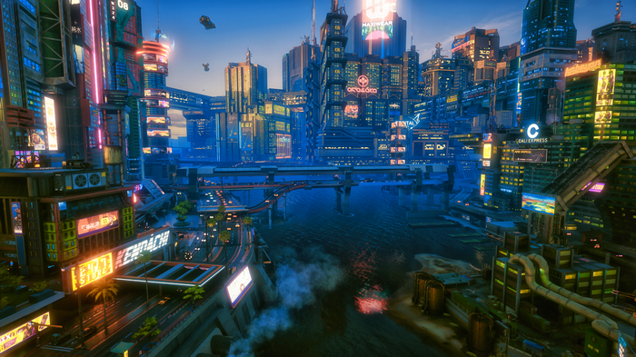 Cyberpunk 2077 cityscape with neon lights and flying vehicles