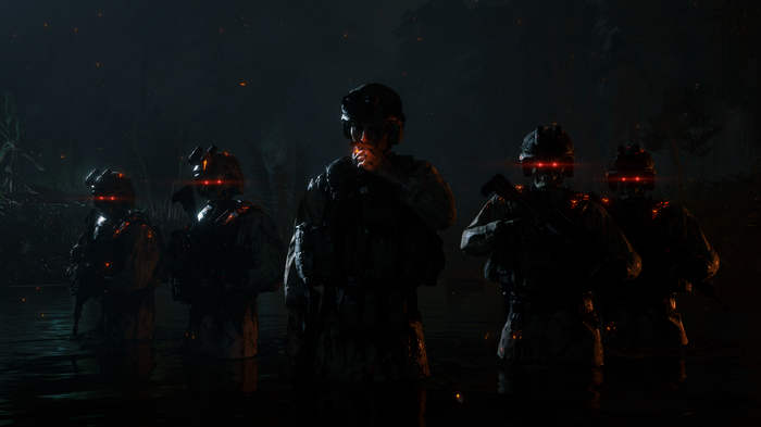 Death Stranding soldiers with glowing red eyes in water