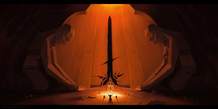 Sith temple with figures in the foreground