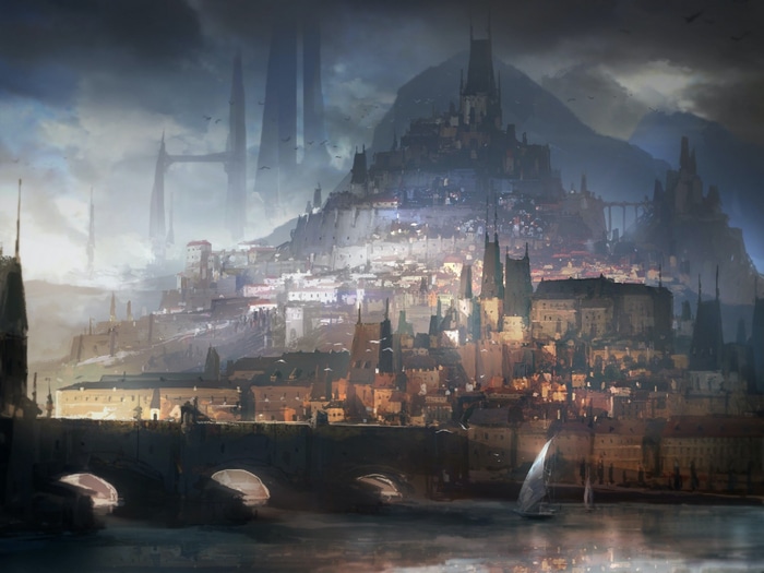 Fantasy city artwork with mountains and river