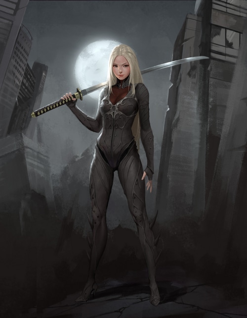 Fantasy art of a blonde woman with a sword