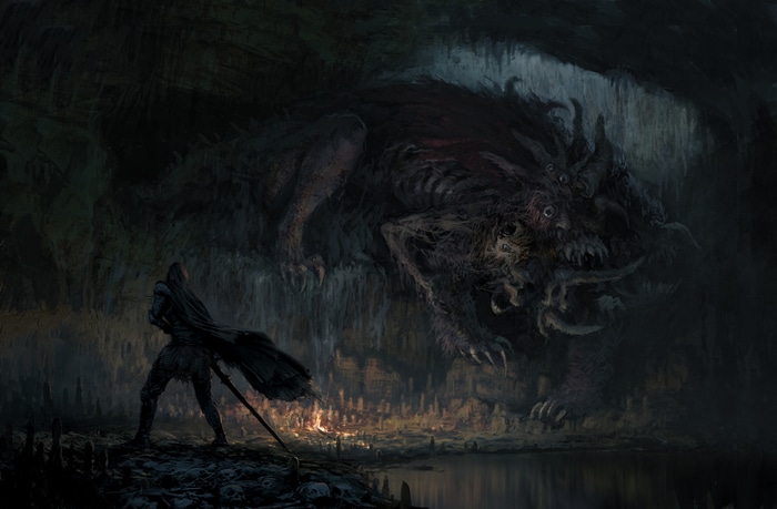 Fantasy art of a creature in a cave