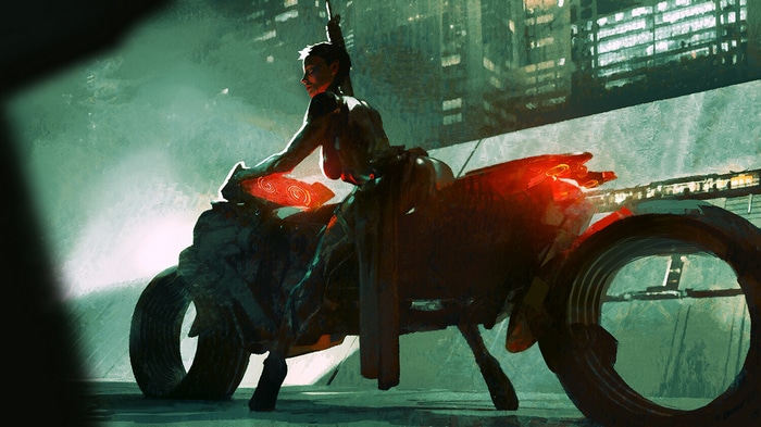 Cyberpunk woman riding a motorcycle in a city