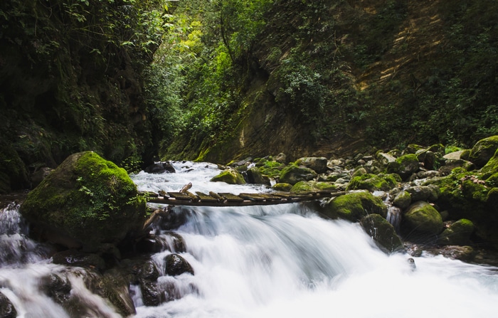 4K waterfall with a wooden bridge in Mexico
