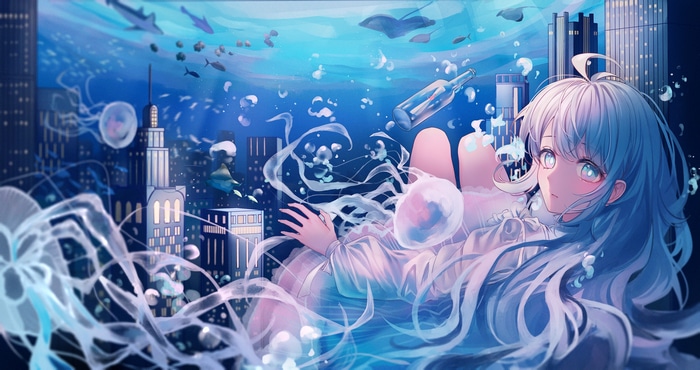 Anime girl underwater with jellyfish and city