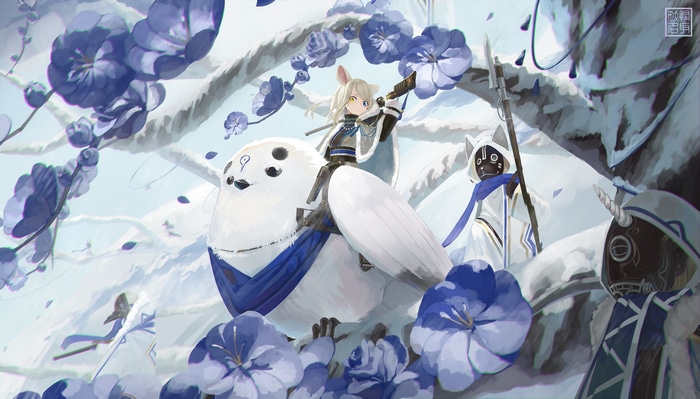 Anime girl riding a bird with masked figures in snow