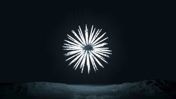 Abstract neon light sphere over ocean waves