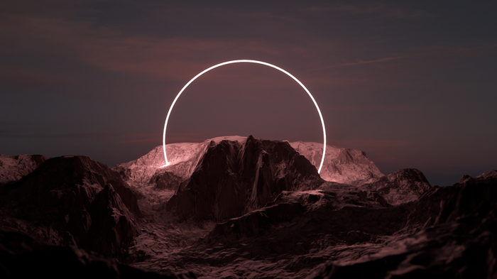 Glowing Neon Circle Over Rocky Mountains Landscape