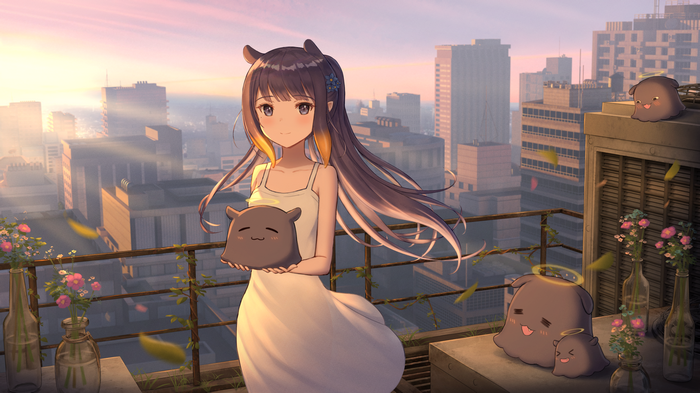 Ninomae Ina and Takodachi on a rooftop at sunset