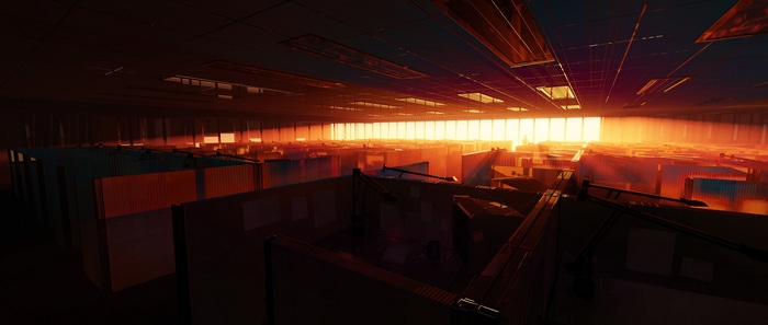 Office maze with sunset light