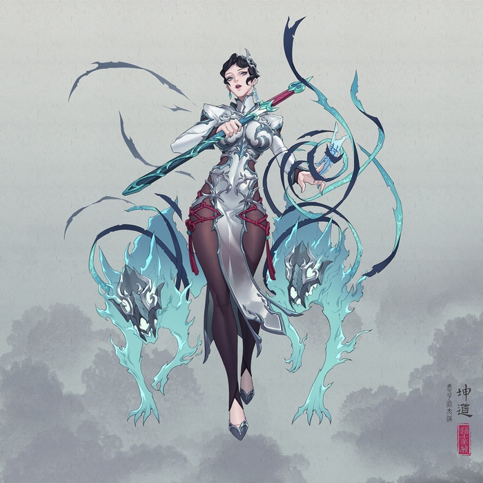 Fantasy girl with sword and spirit wolves