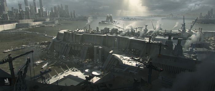 Futuristic Cityscape with Industrial Harbor