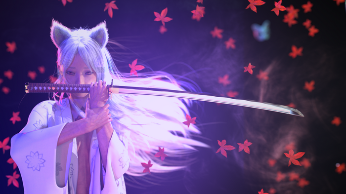 Fantasy fox girl with katana and kimono
