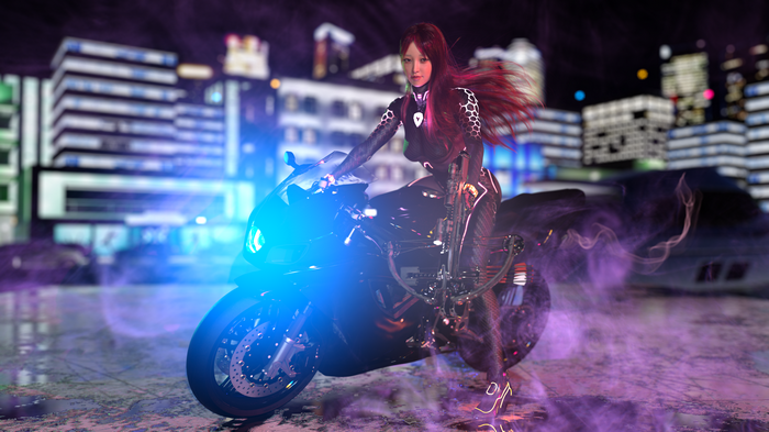 4K Cyberpunk Woman with Crossbow on Motorcycle