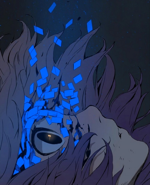 Manhwa character with glowing blue shards and yellow eye