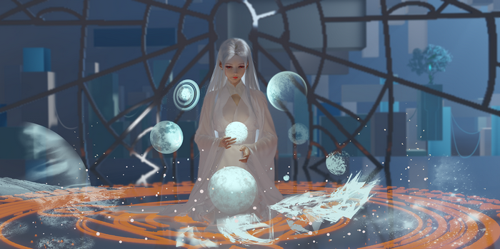 Fantasy girl Ydiya Kai in white clothing with planets