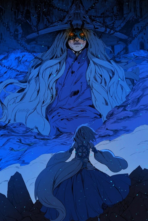 Giant figure with chains and a small figure