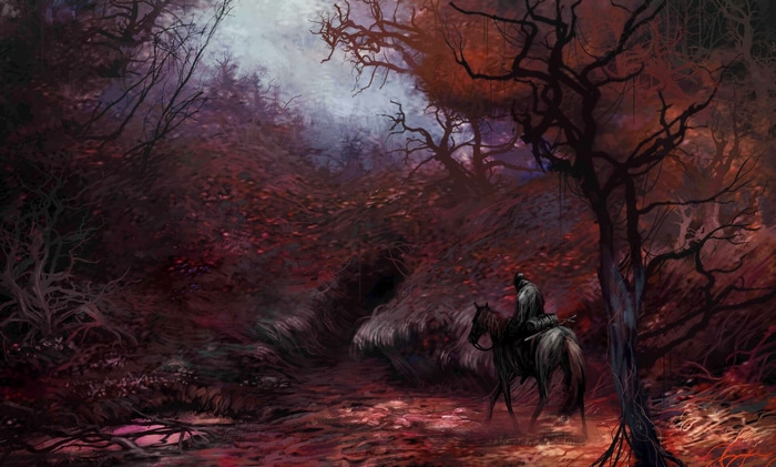 A lone rider on horseback in a dark, fantasy forest