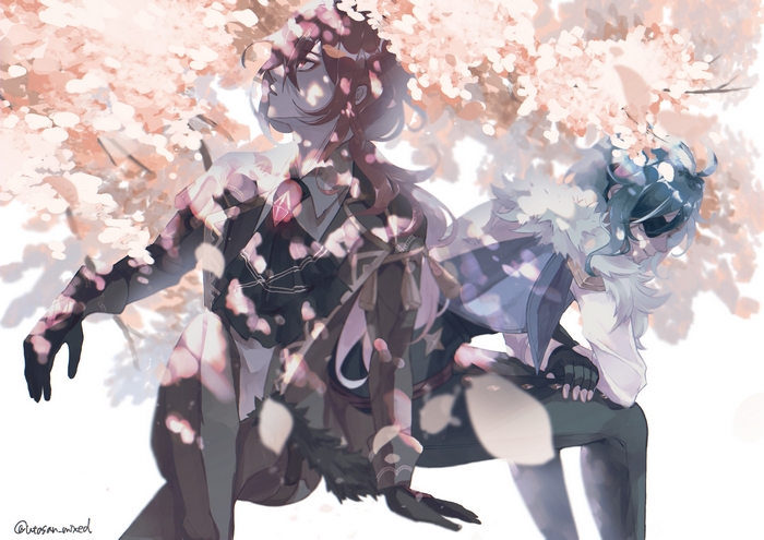 Diluc and Kaeya from Genshin Impact under cherry blossoms