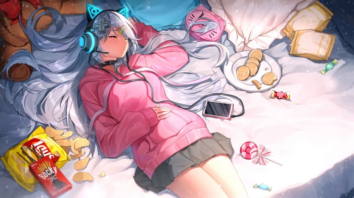Virtual YouTuber Ihachisu lying in bed with headphones