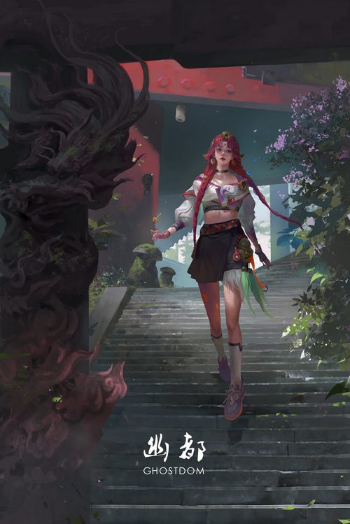 Fantasy art of a woman on stairs with dragon sculpture