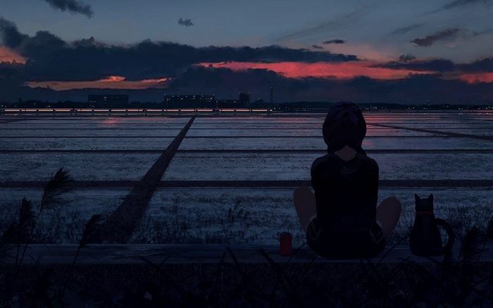 GUWEIZ girl and cat watch sunset over rice fields