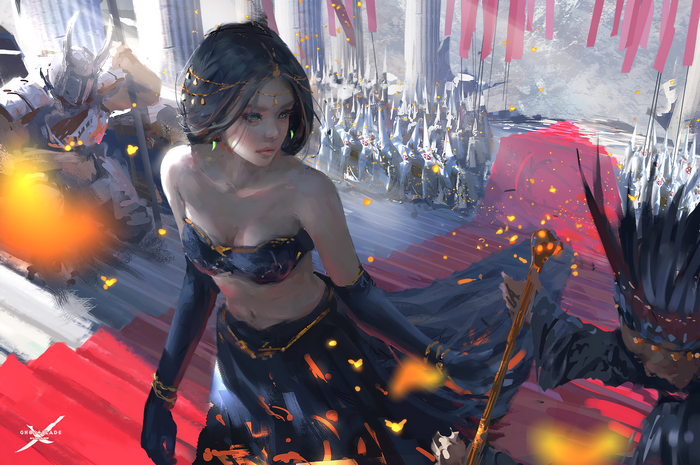 Fantasy woman in a dark dress with knights and soldiers