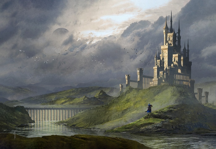 Fantasy castle on a hill with a knight and a bridge