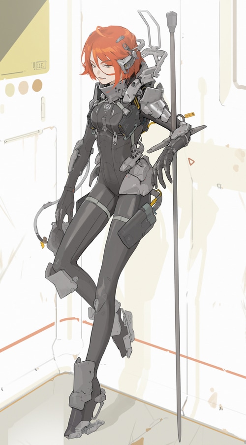 Futuristic woman in sci-fi suit holding a staff
